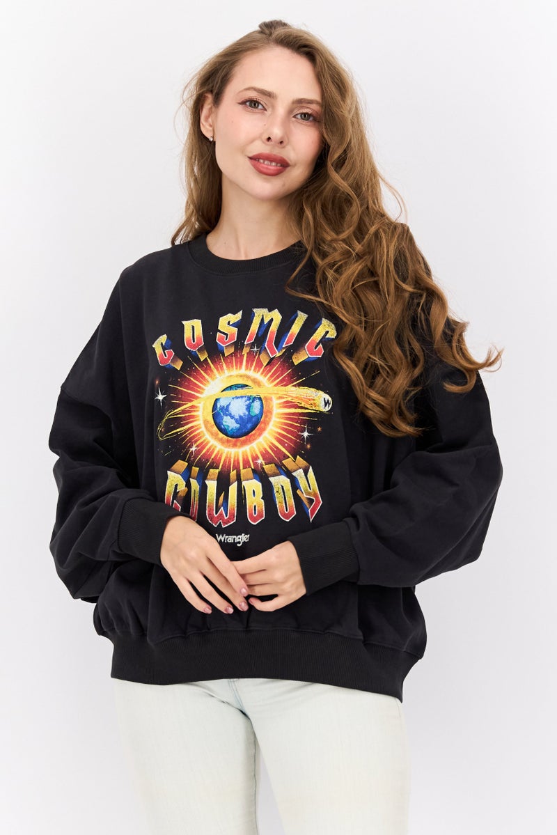 Wrangler Women Crew Neck Printed Sweatshirts, Black - Image 1